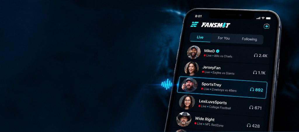 Fansmit app on a phone, with live creator audio for Bills vs Chiefs, Eagles vs Giants, Cowboys vs 49ers, college football, and NFL RedZone